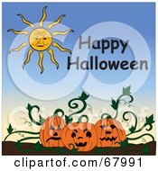 Poster, Art Print Of Sun And Happy Halloween Text Above A Pumpkin Patch