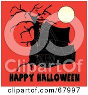 Poster, Art Print Of Dark Haunted House And Bare Tree Under A Full Moon With Black Happy Halloween Text On Orange