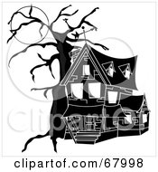 Poster, Art Print Of Black And White Haunted House With Spirits In The Windows Under A Full Moon