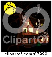 Royalty Free RF Clipart Illustration Of Ghosts Flying Around A Haunted House On A Night With A Full Moon