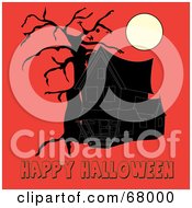 Poster, Art Print Of Dark Haunted House And Bare Tree Under A Full Moon With Happy Halloween Text On Orange