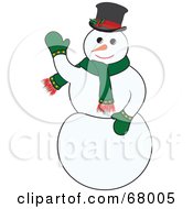 Poster, Art Print Of Jolly White Snowman Wearing A Green Scarf And Mittens