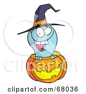 Poster, Art Print Of Happy Blue Ghost In A Carved Halloween Pumpkin