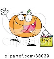 Poster, Art Print Of Pumpkin Character Waving And Carrying A Green Trick Or Treat Bag