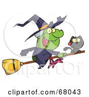 Royalty Free RF Clipart Illustration Of A Wicked Halloween Witch And Cat Flying On A Broom Stick