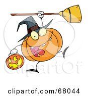 Poster, Art Print Of Leaping Pumpkin Character Witch With A Jackolantern And Broom