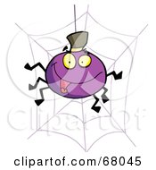 Royalty Free RF Clipart Illustration Of A Purple Halloween Spider Wearing A Hat And Resting On A Web