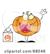 Poster, Art Print Of Pumpkin Character Waving And Carrying A White Trick Or Treat Bag