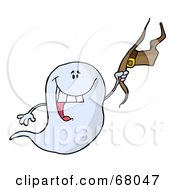 Royalty Free RF Clipart Illustration Of A Flying Halloween Ghost Holding His Hat And Smiling