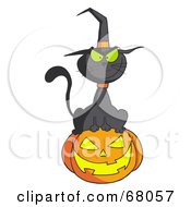 Black Witch Cat Sitting On Top Of A Jack O Lantern