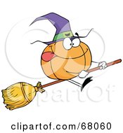 Royalty Free RF Clipart Illustration Of A Pumpkin Character Witch On A Broom Stick