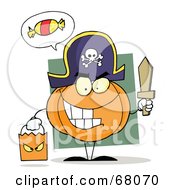 Poster, Art Print Of Pumpkin Character Thinking Of Candy Trick Or Treating In A Pirate Costume