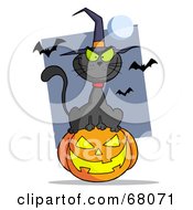 Evil Black Witch Cat Sitting On A Jack O Lantern With Bats And A Full Moon