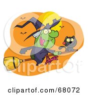 Poster, Art Print Of Wicked Halloween Witch And Cat Flying By Bats And A Full Moon On A Broom Stick