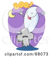 Royalty Free RF Clipart Illustration Of A Spooky Halloween Ghost Emerging Behind A Tombstone Over Purple