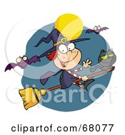 Poster, Art Print Of Happy Halloween Witch And Cat Flying Through Bats On A Broom Stick