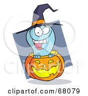 Happy Blue Ghost Popping Out Of A Carved Halloween Pumpkin On Gray