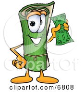 Green Carpet Mascot Cartoon Character Holding A Dollar Bill