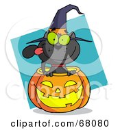 Poster, Art Print Of Black Cat Sitting Inside Of A Pumpkin And Wearing With Hat Over A Turquoise Diamond