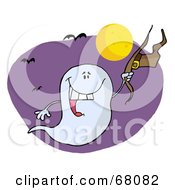 Halloween Ghost Holding His Hat And Flying By Bats Near A Full Moon