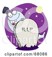 White Halloween Ghost Peeking Behind A Tombstone Over A Purple Circle