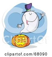 Friendly Ghost Wearing A Hat Waving And Emerging From A Halloween Pumpkin