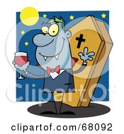 Vampire Drinking A Glass Of Blood In Front Of His Coffin At Night