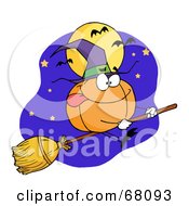 Pumpkin Character Witch Flying By A Full Moon And Bats On A Broom Stick