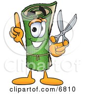 Green Carpet Mascot Cartoon Character Holding Scissors