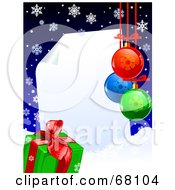 Poster, Art Print Of Curling Piece Of Paper Christmas Background With Snowflakes Snow A Present And Baubles