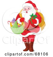 Poster, Art Print Of Jolly Santa Holding A Green Sack Of Toys