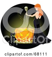 Royalty Free RF Clipart Illustration Of A Cat By A Sexy Red Haired Witch Stirring A Spell In A Pumpkin Cauldron On A Green by Pushkin