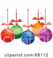 Royalty Free RF Clipart Illustration Of A Background Of Colorful Snowflake Baubles On Red Ribbons