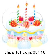 Poster, Art Print Of Birthday Cake With Candles Strawberries Hearts Flowers And Shells