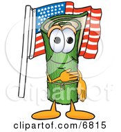 Clipart Picture Of A Green Carpet Mascot Cartoon Character Pledging Allegiance To The American Flag by Toons4Biz