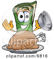 Poster, Art Print Of Green Carpet Mascot Cartoon Character With A Thanksgiving Turkey On A Platter