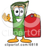 Green Carpet Mascot Cartoon Character Holding A Red Price Tag