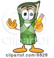 Green Carpet Mascot Cartoon Character Holding A Pencil