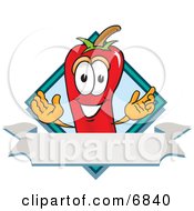 Chili Pepper Mascot Cartoon Character With A Blue Diamond And Blank Label
