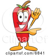 Clipart Picture Of A Chili Pepper Mascot Cartoon Character Waving And Pointing by Toons4Biz