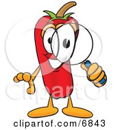 Clipart Picture Of A Chili Pepper Mascot Cartoon Character Looking Through A Magnifying Glass by Toons4Biz