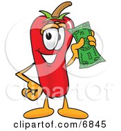 Clipart Picture Of A Chili Pepper Mascot Cartoon Character Holding A Dollar Bill by Mascot Junction