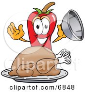 Poster, Art Print Of Chili Pepper Mascot Cartoon Character With A Turkey In A Platter