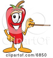 Clipart Picture Of A Chili Pepper Mascot Cartoon Character Holding A Pointer Stick by Toons4Biz