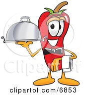 Clipart Picture Of A Chili Pepper Mascot Cartoon Character Holding A Serving Platter by Toons4Biz