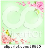 Royalty Free RF Clipart Illustration Of A Green Background With Corners Of Pink Roses With Butterflies by MacX