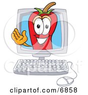 Clipart Picture Of A Chili Pepper Mascot Cartoon Character Waving In A Computer Screen by Toons4Biz