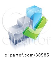 3d Chrome And Blue Bar Graph With A Green Check Mark