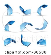 Digital Collage Of Nine Blue 3d Curved Arrows With Shadows