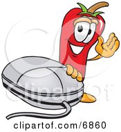Clipart Picture Of A Chili Pepper Mascot Cartoon Character With A Computer Mouse by Toons4Biz
